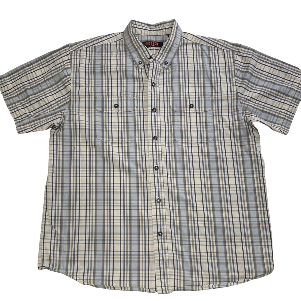 Ridgecut Toughwear Mens‎ XL Plaid Short Sleeve Button Down Shirt Blue Tan Cotton